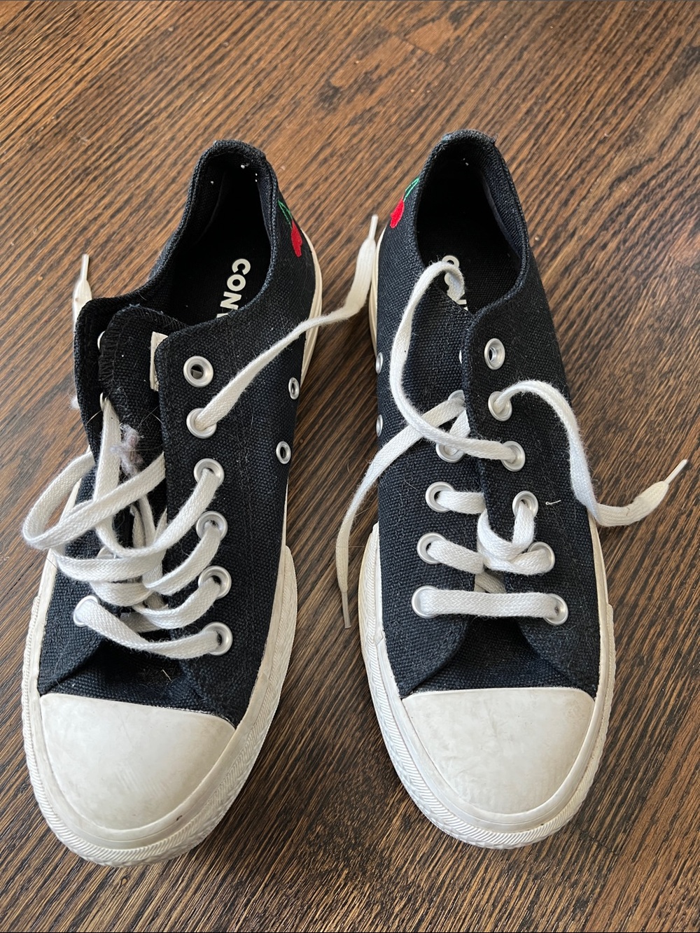 Converse Black Canvas Low-Top Sneakers with Red Cherry Embroidery